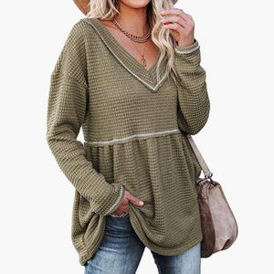 NWOT Women's V-neck Waffle Tunic Long Sleeve Peplum Babydoll Pullover Top, Small